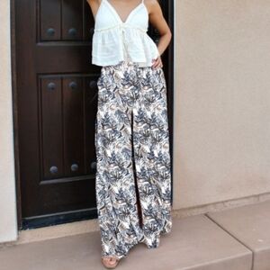 Rewash Women’s Floral Paper Bag Belted Wide Leg Paper Bag Pants 100% Linen Sz L